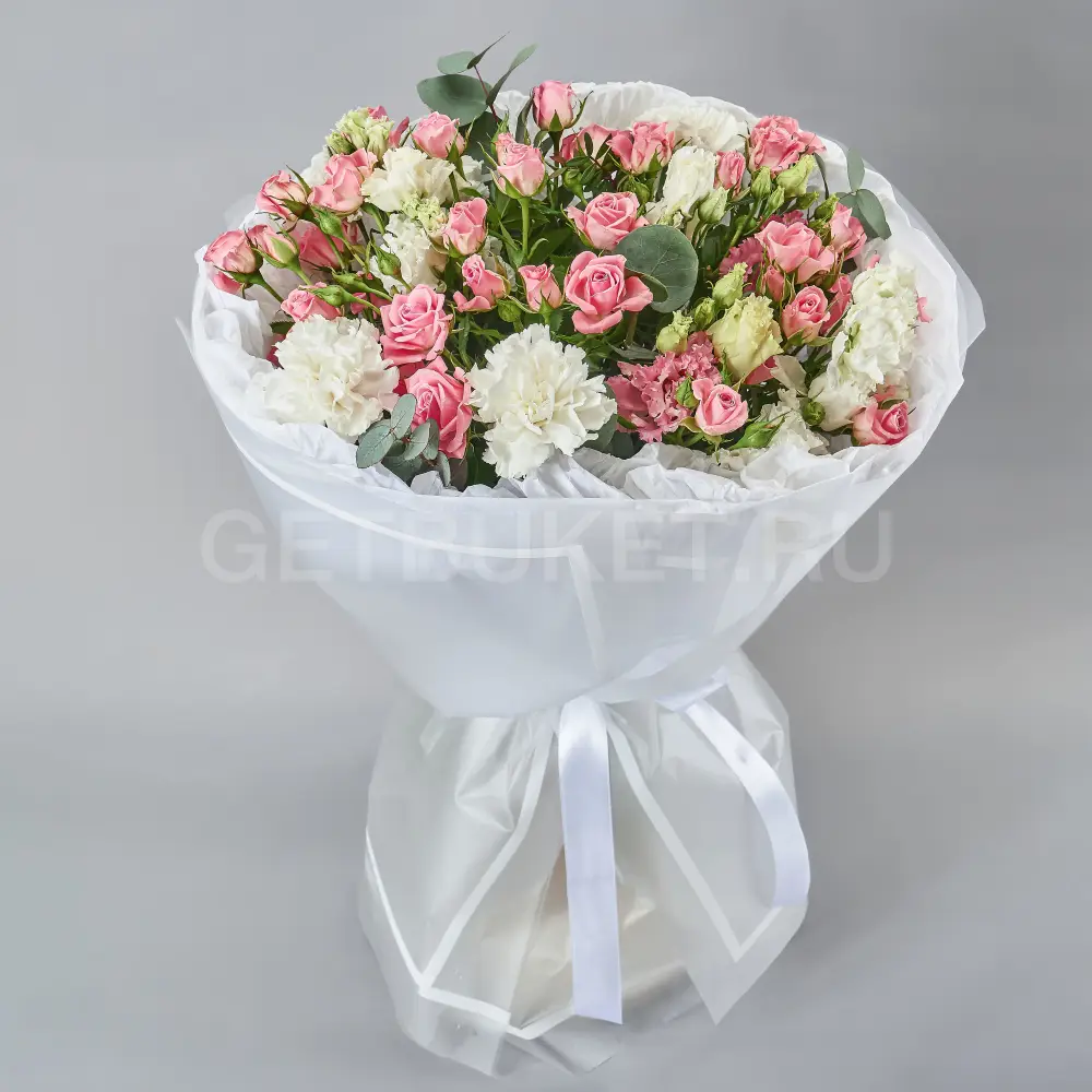 219266 Букет кустовых роз с гвоздикой и эустомой 