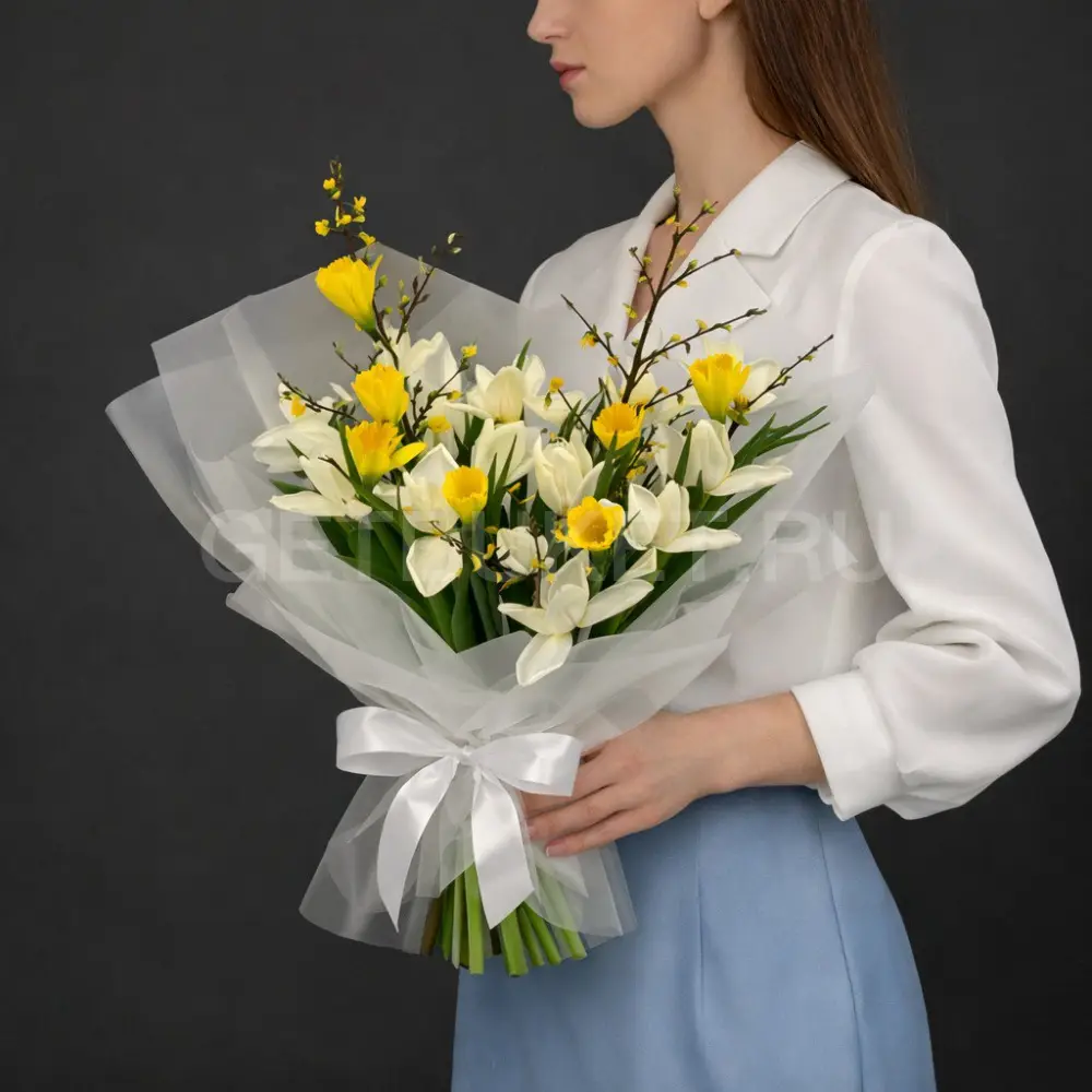 225115 Букет из нарциссов, тюльпанов и форзиции